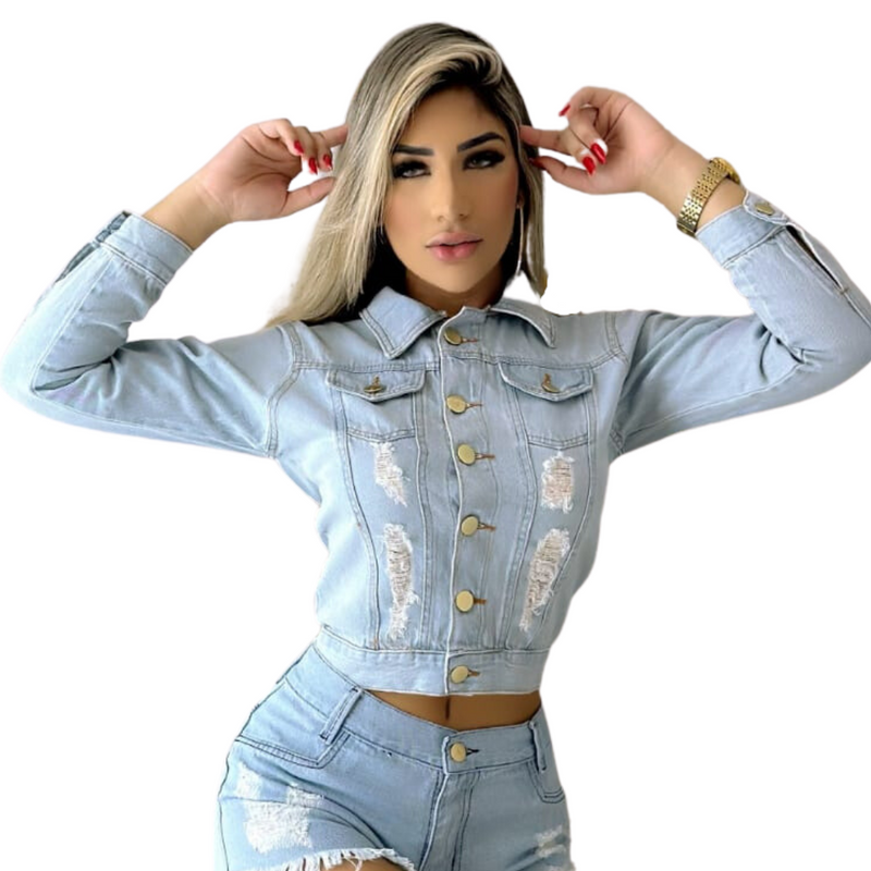 Jaqueta Feminina Jeans Claro Cropped