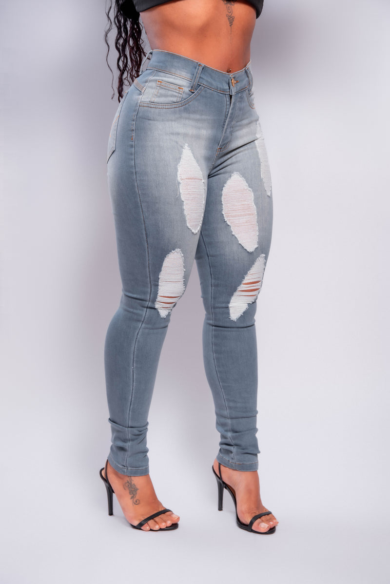 Calça Cinza Jeans Detonada feminina